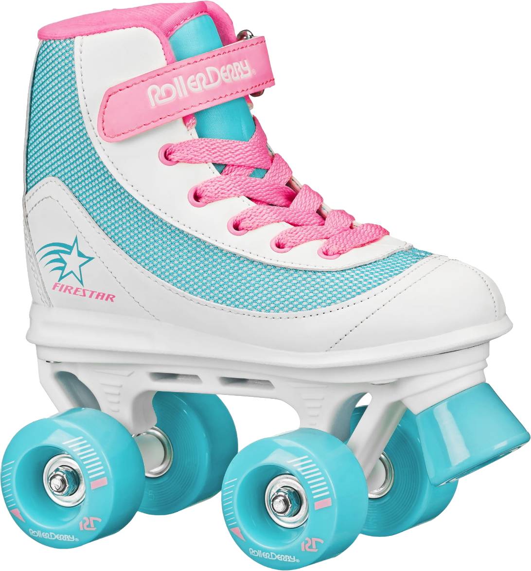 A stylish children’s roller skate, the Roller Derby Firestar V2 Quad Roller Skates - BubbleGum by Roller Derby, features a white and blue design with pink laces and accents, teal wheels, and the “Roller Derby” brand name on the tongue.