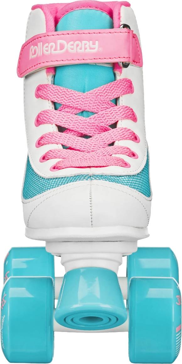Front view of the Roller Derby Firestar V2 Quad Roller Skates - BubbleGum by Roller Derby, featuring a stylish white, teal, and pink design with pink laces, teal wheels, and a pink strap labeled “Roller Derby”—perfect as a vibrant children’s roller skate.