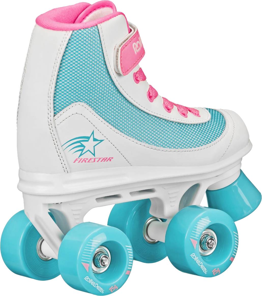 A turquoise and white children’s roller skate with pink laces and accents, four turquoise wheels, a white boot with mesh panels, and a star design—just like the Roller Derby Firestar V2 Quad Roller Skates - BubbleGum from Roller Derby.