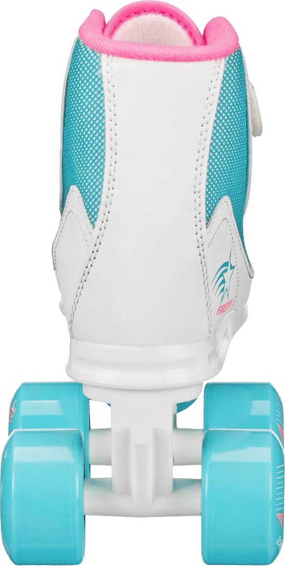 A close-up rear view of the Roller Derby Firestar V2 Quad Roller Skates in the BubbleGum colorway features a white and turquoise design with four light blue wheels and pink accents, shown against a plain background.