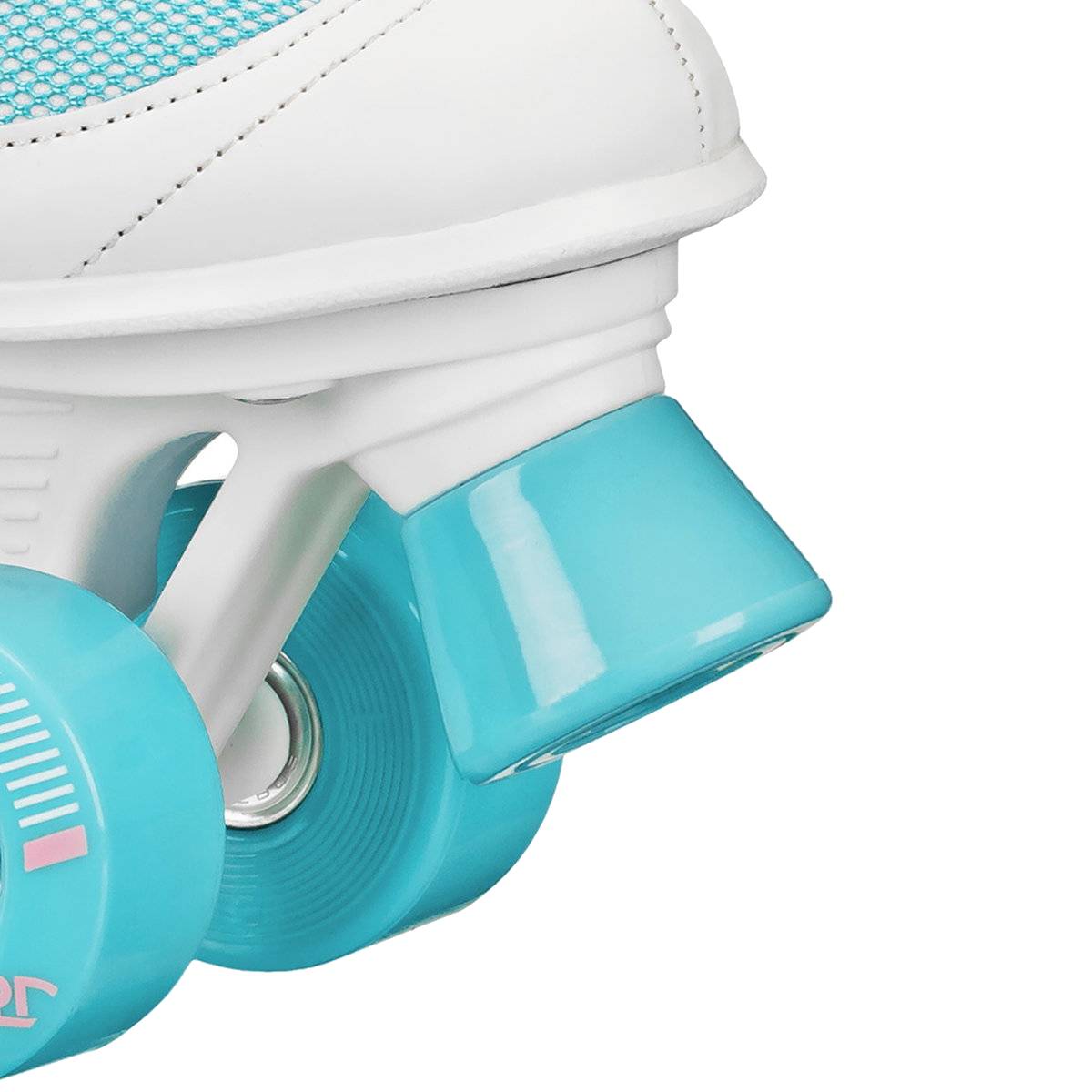 Close-up of the heel and wheels of the Roller Derby Firestar V2 Quad Roller Skates – BubbleGum, featuring blue details and wheels, with a visible toe stopper and detailed stitching—an ideal children’s skate from Roller Derby that combines style and durability.