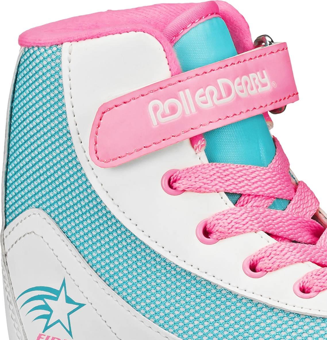 A close-up of the Roller Derby Firestar V2 Quad Roller Skates - BubbleGum showcases a vibrant children’s roller skate in turquoise and white, featuring pink laces, a pink strap labeled “ROLLER DERBY,” and a star design on the side. Perfect for young skaters seeking both style and comfort, these stylish skates are made by Roller Derby.