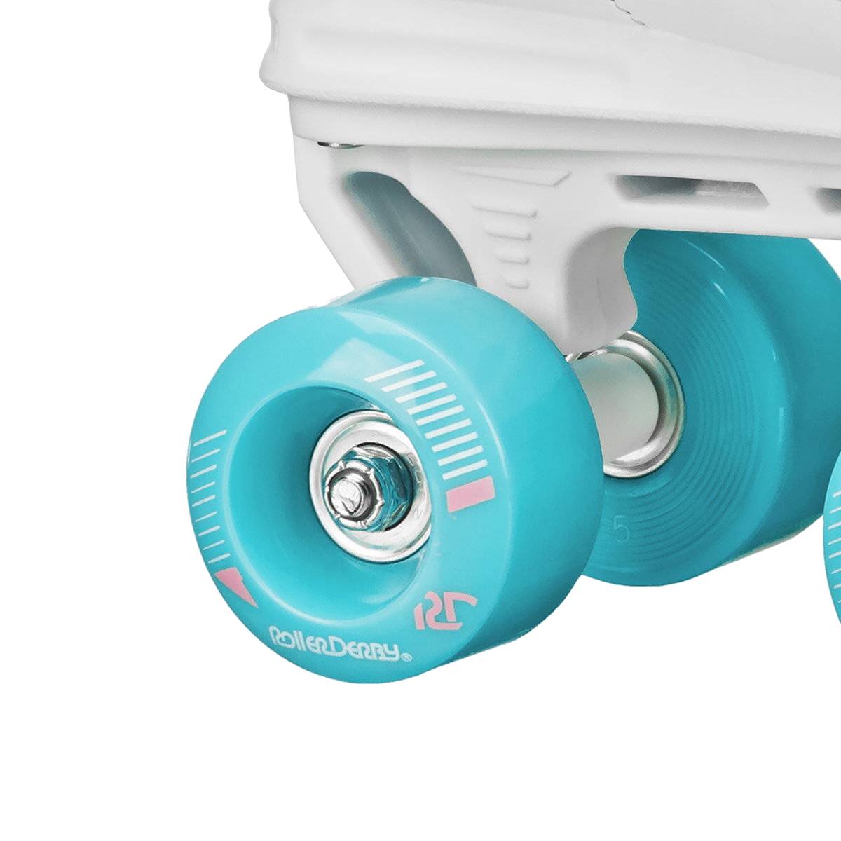 Close-up of the Roller Derby Firestar V2 Quad Roller Skates – BubbleGum, featuring vibrant blue quad wheels, playful pink and white accents, and the “Roller Derby” logo.