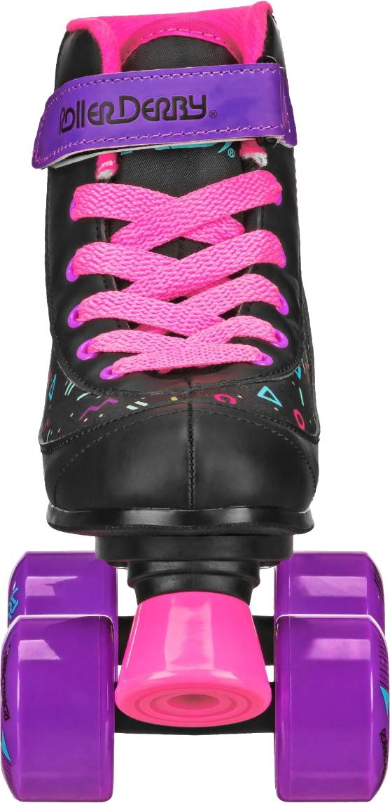 Front view of the Roller Derby Firestar V2 Quad Roller Skates - Midnight Prism, featuring a black design with pink laces, a purple strap labeled “Roller Derby Firestar V2,” and purple wheels with a pink toe stop—ideal as a stylish children’s roller skate from Roller Derby.