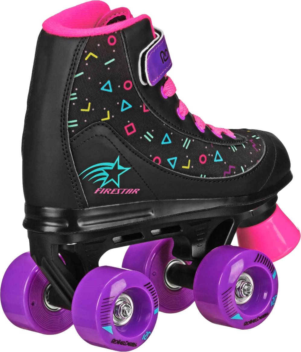 The Roller Derby Firestar V2 Quad Roller Skates - Midnight Prism feature a black design with vibrant geometric patterns, pink laces, and purple wheels. This children’s skate from Roller Derby includes a pink toe stop and a teal star logo on the side.