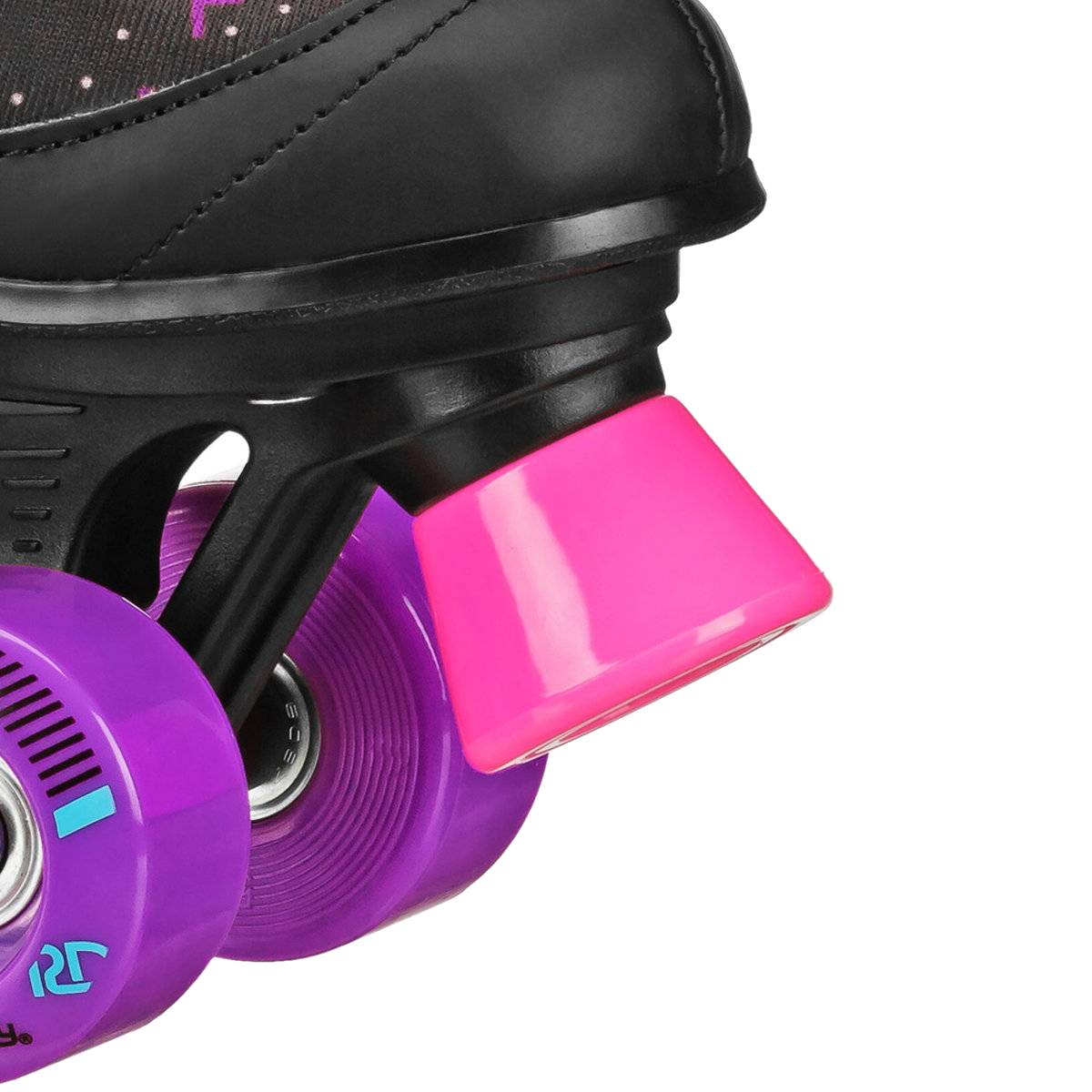 Close-up of the Roller Derby Firestar V2 Quad Roller Skates in Midnight Prism, highlighting a bright pink toe stop and vivid purple wheels, with a view of the boot and the detailed texture of its components.