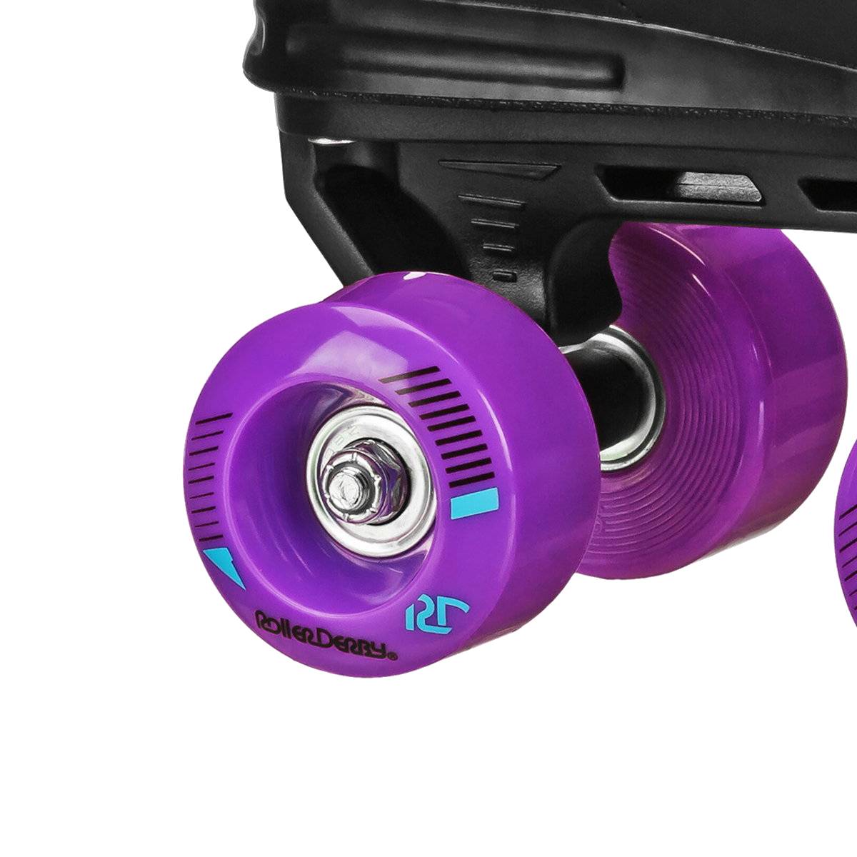 Close-up of the Roller Derby Firestar V2 Quad Roller Skates - Midnight Prism, a children’s roller skate from Roller Derby, highlighting its vibrant purple wheels with blue accents and small black stripes.