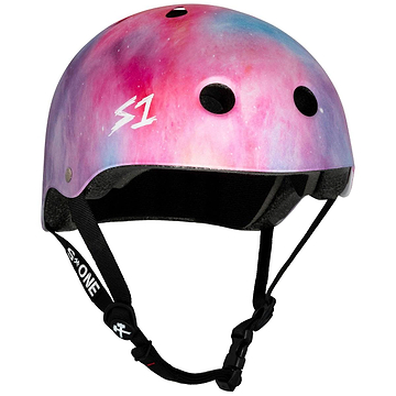 S1 Lifer Skate / Scooter Helmet - Cotton Candy with a pink, blue, and purple galaxy pattern and black chin straps.