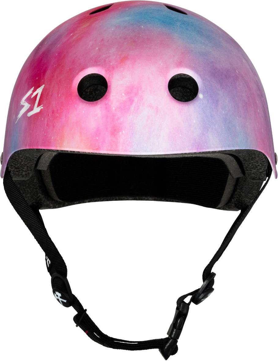 S1 Lifer Skate / Scooter Helmet - Cotton Candy with a pink, purple, and blue nebula-print shell and black chin straps.