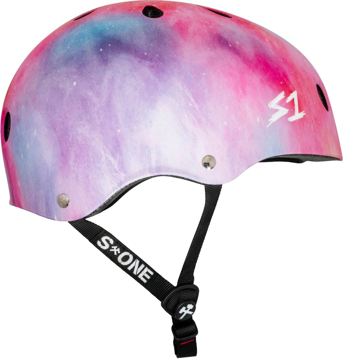 S1 Lifer Skate / Scooter Helmet - Cotton Candy in a pink, blue, and purple galaxy print with a black chin strap.
