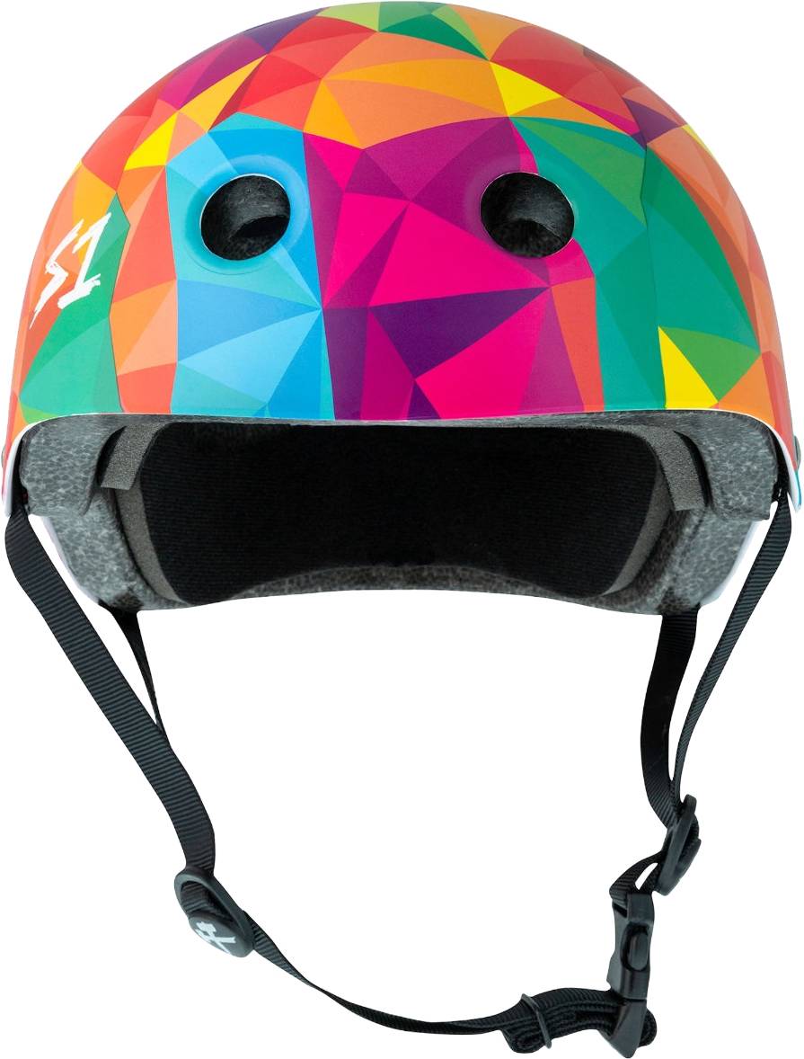 S1 Lifer Skate / Scooter Helmet - Kaleidoscope featuring a colorful, geometric kaleidoscope pattern and black chin straps.