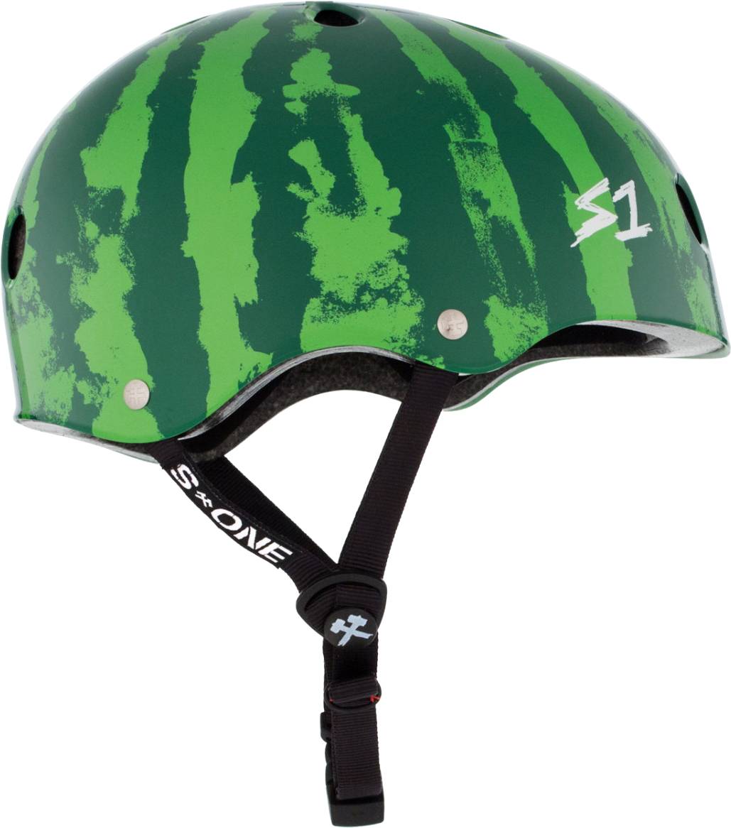 S1 Lifer Skate / Scooter Helmet - Watermelon with a green watermelon-stripe pattern and black chin straps.