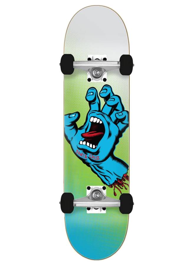 The Santa Cruz Screaming Hand Colour Fade Full Complete Skateboard - White / Blue 8.0″ x 31.25″ features the iconic blue screaming hand graphic—ideal for beginners or as a ready-to-ride complete skateboard.