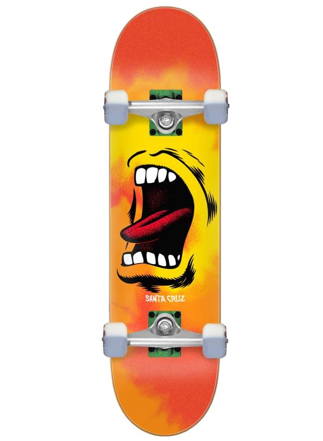 The Santa Cruz Big Mouth Flame Full Complete Skateboard - 8.0″ x 31.25″ features bold orange and yellow mouth graphics with the logo below, making it a great choice for beginners.