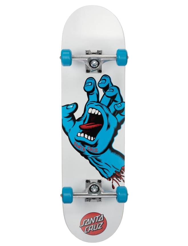 The Santa Cruz Screaming Hand Large Complete Skateboard - White / Blue 8.25″ x 31.25″ features blue wheels, the classic Screaming Hand graphic, and the Santa Cruz logo near the bottom.