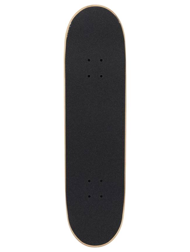 The Santa Cruz Screaming Hand Large Complete Skateboard - White / Blue 8.25″ x 31.25″ features a grip-taped white deck with visible truck holes and blue accents, plus a sleek light wood side finish.