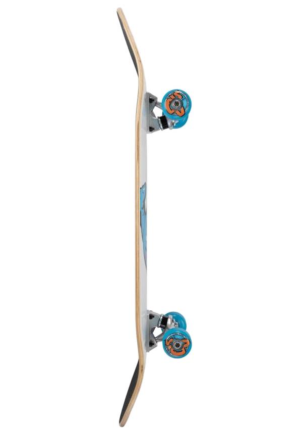 The Santa Cruz Screaming Hand Large Complete Skateboard - White / Blue 8.25″ x 31.25″ features a wooden deck, black grip tape, and blue wheels—ideal for fans of the classic Santa Cruz design.