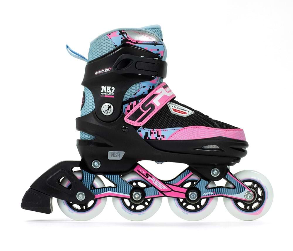Introducing the SFR Pixel Adjustable Inline Skates - Blue / Pink, ideal for beginner skaters. These vibrant skates feature a blue boot with pink and black accents in a sleek, patterned design. The white wheels have pink highlights on an enchanting pink frame, and the built-in buckle along with an adjustable sizing mechanism ensures they can grow with you.