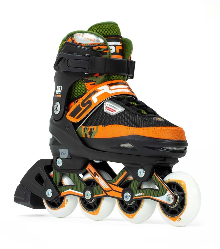 The SFR Pixel Adjustable Inline Skates - Green / Orange are ideal for beginner skaters, showcasing a vibrant black, orange, and green design with four wheels and an adjustable strap on a crisp white background.