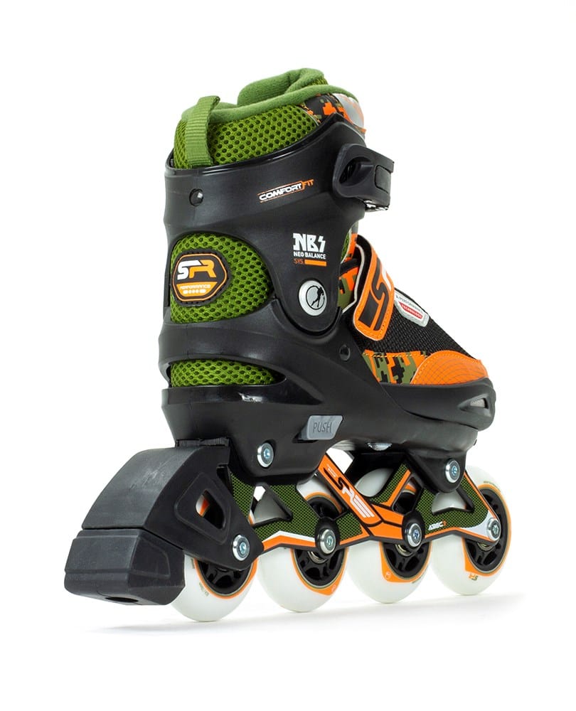 The SFR Pixel Adjustable Inline Skates by SFR showcase a striking blend of green and orange hues. Tailored for novice skaters, these skates offer high ankle support and come with four white wheels. They feature adjustable settings, rubber pads, and visible adjustment buttons, making them ideal for beginners embarking on their skating adventure.