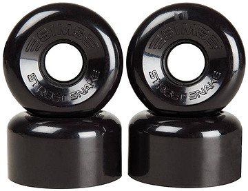 A pair of Sims Street Snakes 78A Quad Roller Skate Wheels in black (62mm x 34mm) stand upright side by side on a white background, featuring “SIMS STREET SNAKE” embossed on each wheel—perfect outdoor roller skate wheels that blend smooth performance and stylish design.