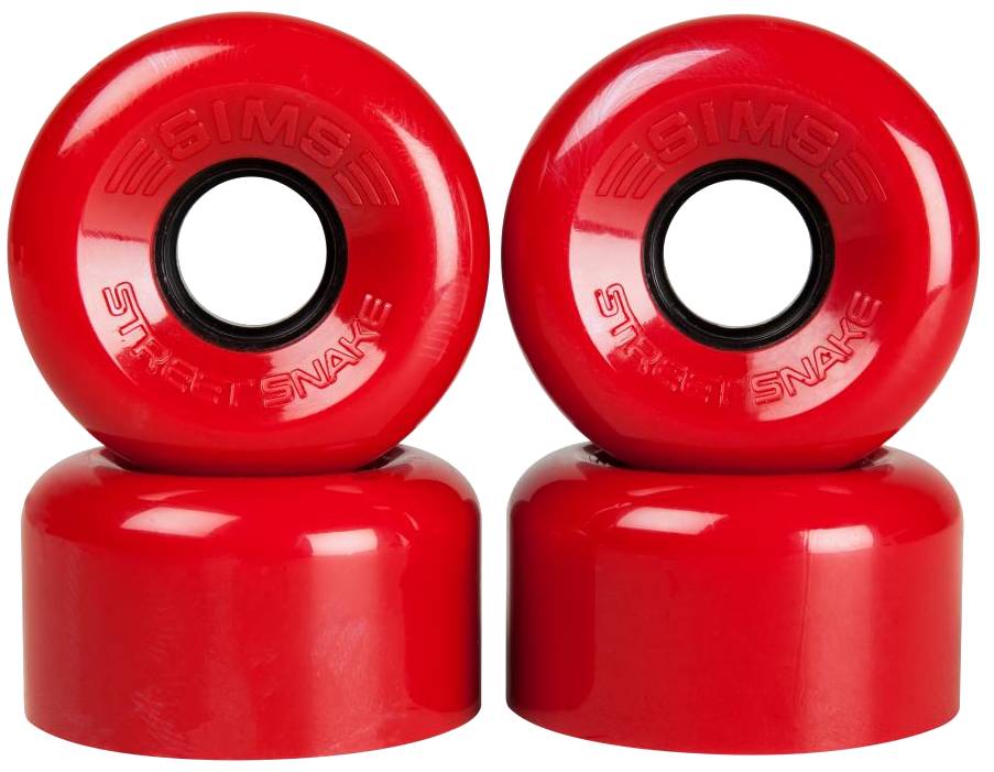 Four vibrant red Sims Street Snakes 78A Quad Roller Skate Wheels by Sims, each measuring 62mm x 34mm and featuring black centers, are arranged in two stacked pairs. The “SIMS Street Snake” branding is embossed on the side of each wheel, making these versatile wheels perfect for use as roller skate or quad skate wheels.