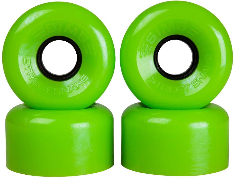 Four vibrant green Sims Street Snakes 78A Quad Roller Skate Wheels by Sims, measuring 62mm x 34mm, are arranged in two rows of two. These roller skate wheels feature black inner bearings, durable and grippy urethane construction, and raised “SIMS STREET SNAKE” text on the outer rim.