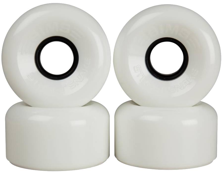 Four Sims Street Snakes 78A Quad Roller Skate Wheels in white, each measuring 62mm x 34mm, are displayed in two neat rows of two against a plain white background. These wheels from Sims combine stylish black centers with a smooth, high-performance ride for quad skaters.
