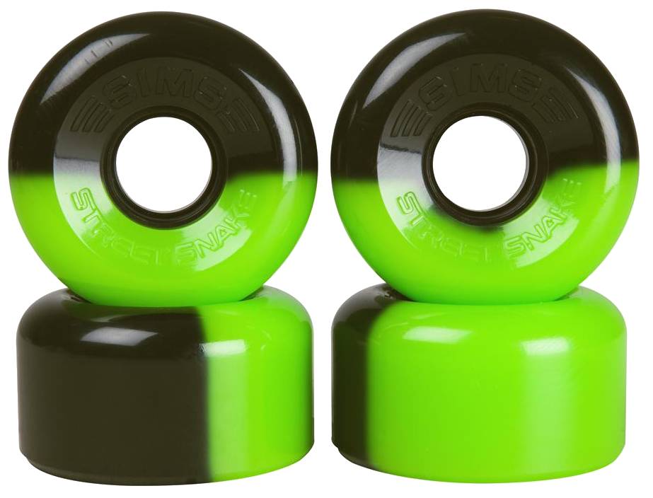 A set of four Sims Street Snakes 78A Quad Roller Skate Wheels—featuring a striking green and black split color design—are shown stacked in two pairs. The front surface of each 62mm x 34mm wheel is embossed with the iconic “Sims Street Snake” branding, embodying the bold style associated with Sims wheels. These high-performance quad skate wheels are an ideal choice for skaters seeking both reliable grip and standout visual appeal.