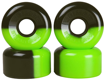A set of four Sims Street Snakes 78A Quad Roller Skate Wheels—featuring a striking green and black split color design—are shown stacked in two pairs. The front surface of each 62mm x 34mm wheel is embossed with the iconic “Sims Street Snake” branding, embodying the bold style associated with Sims wheels. These high-performance quad skate wheels are an ideal choice for skaters seeking both reliable grip and standout visual appeal.