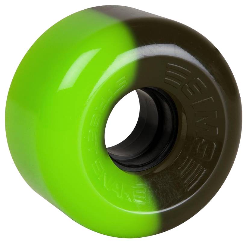 A Sims Street Snakes 78A Quad Roller Skate wheel in green and black, split evenly with vibrant green on the left and deep black on the right, features embossed text on its surface and recaptures the iconic style of classic Sims wheels.