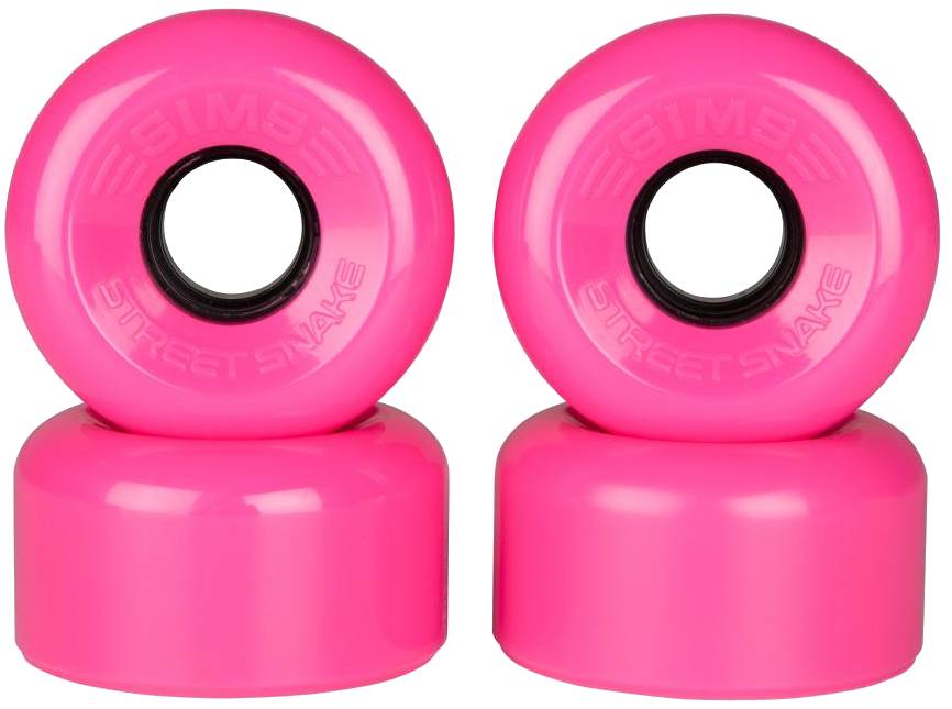 Four Sims Street Snakes 78A Quad Roller Skate Wheels in bright pink, each measuring 62mm x 34mm and featuring black cores, are stacked in pairs against a white background. The brand name “Sims Street Snake” is embossed on the front of each wheel, making them ideal roller skate wheels for vibrant style and top performance.