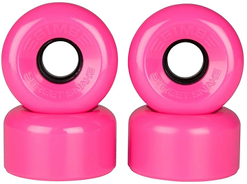 Four Sims Street Snakes 78A Quad Roller Skate Wheels in bright pink, each measuring 62mm x 34mm and featuring black cores, are stacked in pairs against a white background. The brand name “Sims Street Snake” is embossed on the front of each wheel, making them ideal roller skate wheels for vibrant style and top performance.