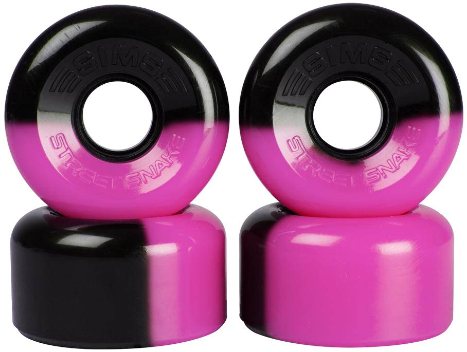 Four Sims Street Snakes 78A quad roller skate wheels, each measuring 62mm x 34mm and featuring a half black, half bright pink design with a glossy finish, are arranged in two stacked pairs. The wheels are branded with the “Sims” name.