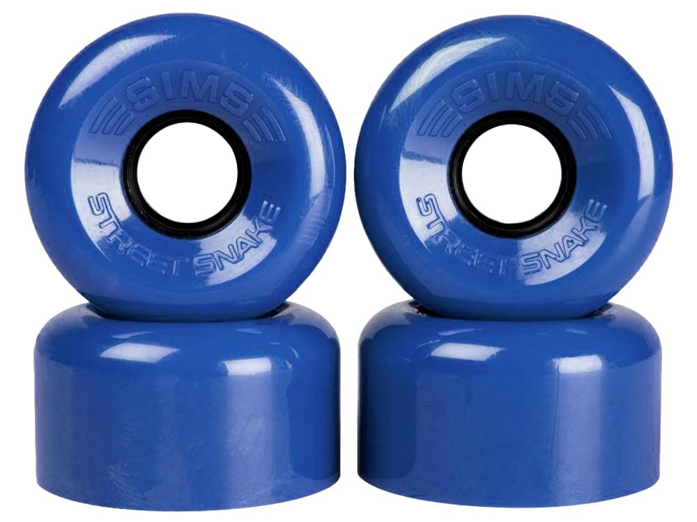Four Sims Street Snakes 78A Quad Roller Skate Wheels in blue (62mm x 34mm) are stacked in pairs. The top two wheels stand upright, prominently displaying the “Sims Street Snakes” branding and showcasing their durable 78A urethane construction. The bottom two wheels are positioned flat, revealing their black centers.