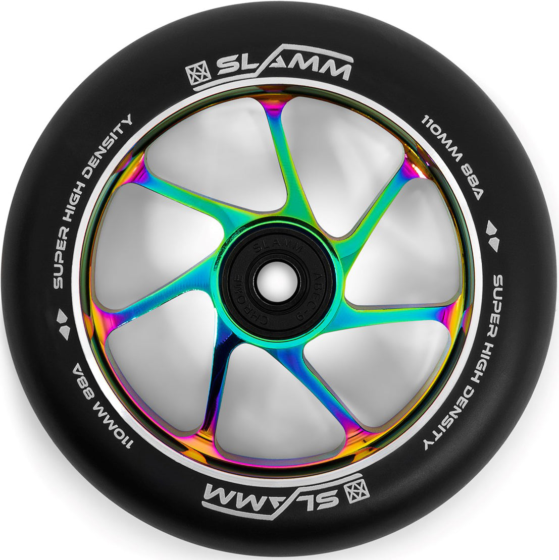 Close-up of the Slamm Team 110mm Stunt Scooter Wheel in Black/Neochrome, featuring distinctive “SLAMM” branding and vibrant iridescent metal spokes. The tire displays the text “110mm 88A SUPER HIGH DENSITY,” while a precision bearing at the center highlights the premium quality associated with Slamm wheels.