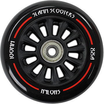 Upgrade your scooter with the Slamm Nylon Core 100mm Scooter Wheel - Black/Black by Slamm, featuring a silver ABEC 9 Chrome Bearing, red and white accents, and bold "SLAMM SCOOTERS," "100MM," "88A," and "NYLONS" text.