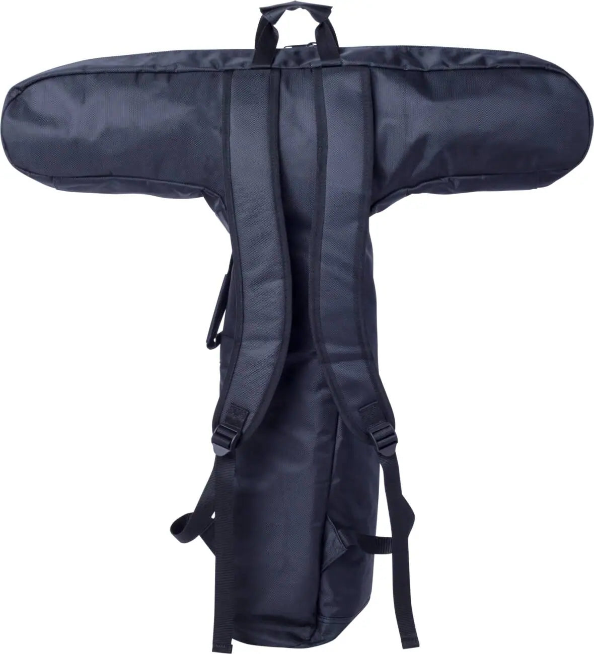 The Skates.co.uk Scooter Bag - Black by Skates.co.uk is a T-shaped, padded black bag with backpack straps, designed to carry and protect your scooter—offering practical portability similar to a marching band bass drum bag.