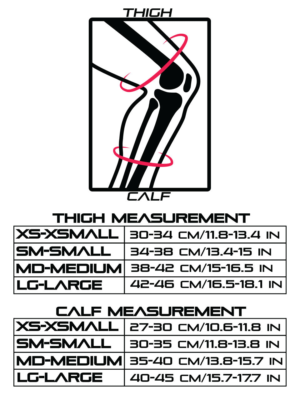 Diagram of a knee with lines indicating the thigh and calf areas. Below are size charts for both thigh and calf measurements for the Fasen Sliders Pro Knee Skate Protection Pads - White by Fasen, available in XS, SM, MD, and LG sizes. Charts include measurements in centimeters and inches for each size category to help you choose the perfect fit for your scooter protective gear.