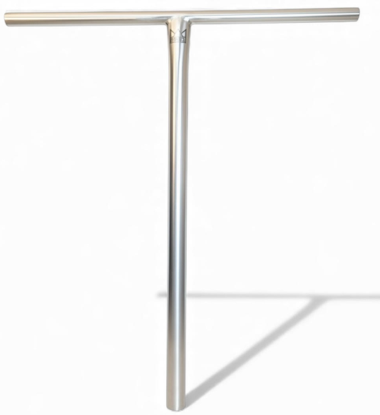 A Legacy Titanium Oversized HIC Stunt Scooter T-Bar in chrome (690mm x 610mm) stands upright on a plain white background, casting a right-side shadow—perfect for street riders seeking lightweight titanium handlebars.