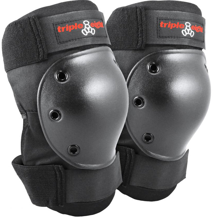 The Triple 8 Saver Series 3-Piece Skate Protection Pad Set in black includes knee pads with hard plastic shells, adjustable straps, and the red and white "triple eight" logo on top straps.