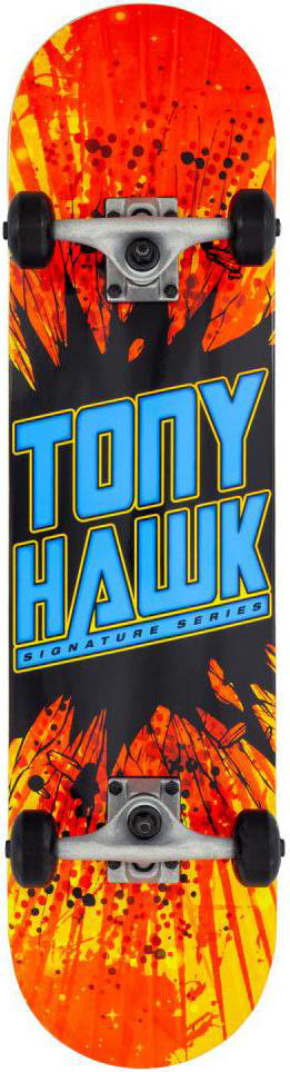 Show off your skills with the Tony Hawk SS 180 Series Shatter Logo Complete Skateboard - 7.75″ x 31″. This beginner-friendly board from Tony Hawk features a striking orange and black design with bold blue and yellow “Tony Hawk Signature Series” text at the center, all on a durable maple deck built for legendary rides from day one.
