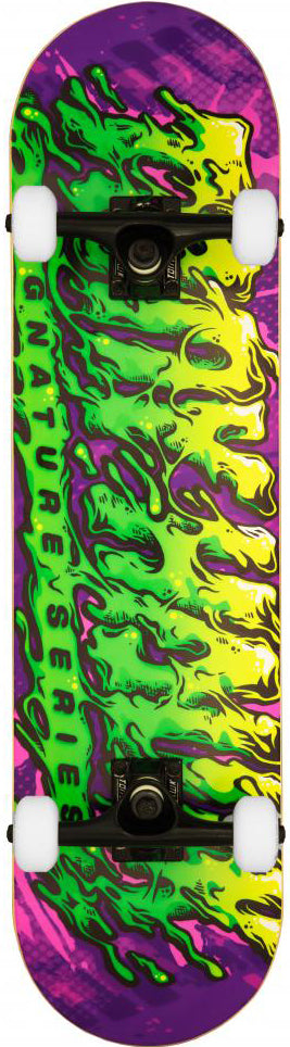 The Tony Hawk 540 Series Slime Complete Skateboard - 8″ x 31.5″ from Tony Hawk features white wheels and a striking deck design in purple, green, and yellow, adorned with an abstract organic pattern and the “Signature Series” text along its length. This vibrant skateboard is ideal for riders who value both style and performance.