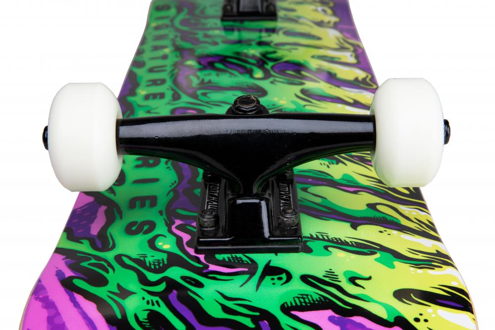 Close-up of the truck and white wheels on the Tony Hawk 540 Series Slime Complete Skateboard (8″ x 31.5″), featuring a vibrant, swirling green, yellow, and purple graphic design on the deck.
