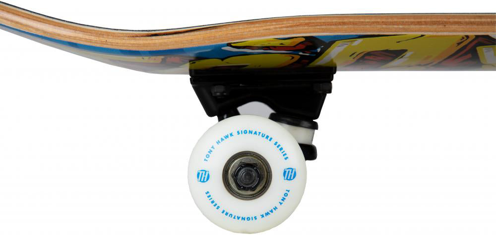 Close-up side view of a Tony Hawk 540 Series Smash Complete Skateboard (7.75″ x 31″) featuring white wheels labeled “Tony Hawk Signature Series,” trucks, and a vibrant hardrock maple deck above, all from Tony Hawk.