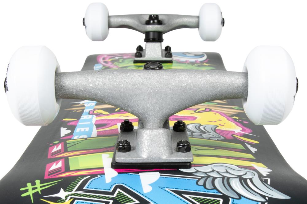 Close-up view of two skateboard trucks and white wheels mounted on the Tony Hawk 180 Series Ransom Complete Skateboard (8″ x 31.5″) by Tony Hawk, featuring a colorful entry-level deck with a vibrant graffiti-style design.