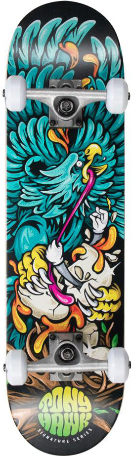 Introducing the Tony Hawk 180 Series Rotten Complete Skateboard (7.375″ x 29″)—an entry-level board from Tony Hawk, featuring striking artwork of a blue eagle clutching a pink snake in its beak, surrounded by vibrant swirling patterns and finished with “Paul Hawk Signature Series” text at the bottom. Perfect for fans seeking an eye-catching skateboard with standout style.