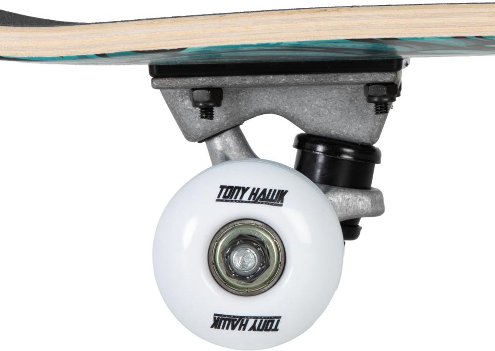 Close-up of a skateboard wheel with “Tony Hawk” printed on it, attached to the metal truck and underside of the Tony Hawk 180 Series Rotten Complete Skateboard - 7.375″ x 29″—an ideal setup for entry-level skaters.