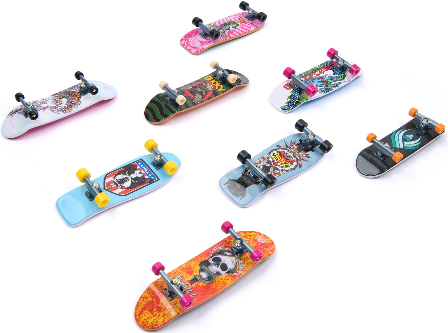Eight colorful Tech Deck Legends Sk8Shop Fingerboards with various graphic designs arranged on a white surface.
