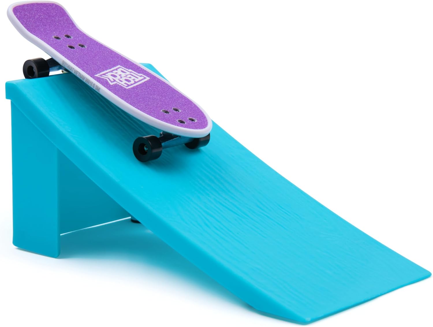 A purple Tech Deck Legends Sk8Shop Fingerboards - 8 Pack fingerboard with black wheels resting on a bright blue plastic ramp.
